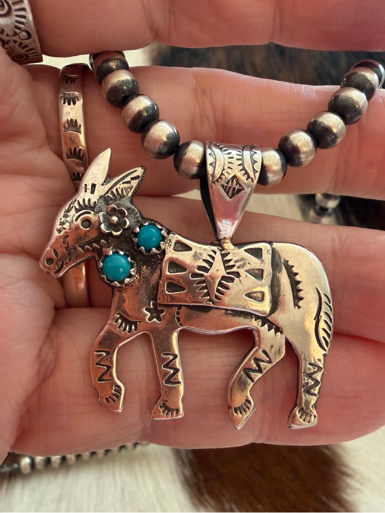 Large Hand Stamped Western Style Donkey Burro Unisex Sterling Silver Pendant 195$